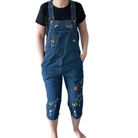 Vintage Cropped Agapo Denim Overalls Boho Y2K Arsty Butterfly Embroidery size M - Picture 6 of 8